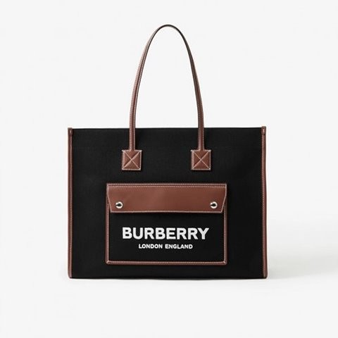 [Premium] BURBERRY 버버리 투톤 캔버스 레더 미디엄 프레야 토트백 80557471