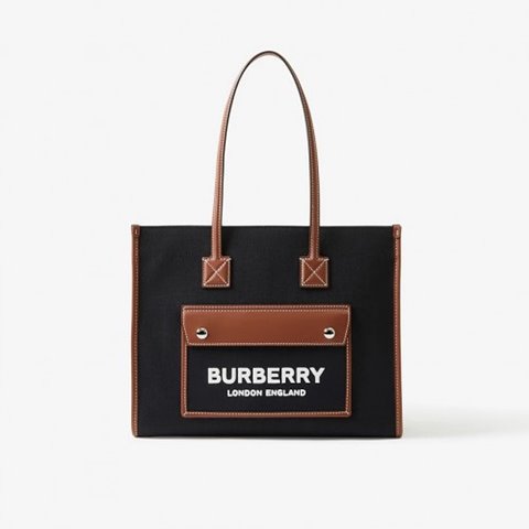 [Premium] BURBERRY 버버리 투톤 캔버스 레더 스몰 프레야 토트백 80576001